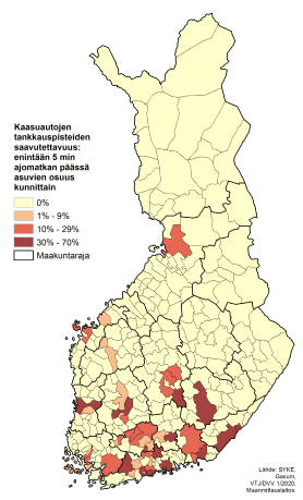 Kaasuautojen tankkauspisteet Suomen kartalla ja saavutettavuus kunnittain